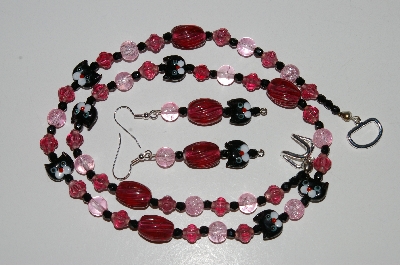 +MBA #B6-112  "Fancy Black Cat,Cranberry Glass & Black Crystal Bead Necklace & Matching Earring Set"