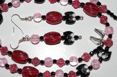+MBA #B6-112  "Fancy Black Cat,Cranberry Glass & Black Crystal Bead Necklace & Matching Earring Set"