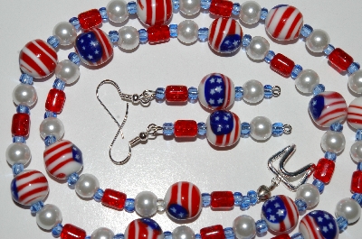 +MBA #B6-109  "Fancy Flag, Red Glass & Pearl Necklace & Matching Earring Set"