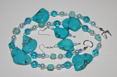 +MBA #B6-037  "Turquoise, Blue Glass Bead & Pearl Necklace & Matching Earring Set"