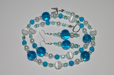+MBA #B6-103  "White Fiber Optic, Blue Glass, Blue Gemstone, Clear Crystal & Pearl Necklace & Matching Earring Set"
