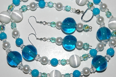 +MBA #B6-103  "White Fiber Optic, Blue Glass, Blue Gemstone, Clear Crystal & Pearl Necklace & Matching Earring Set"