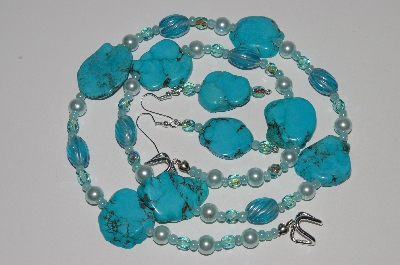 +MBA #B6-094  "Turquoise, Blue Glass Bead & Pearl Necklace & Matching Earring Set"