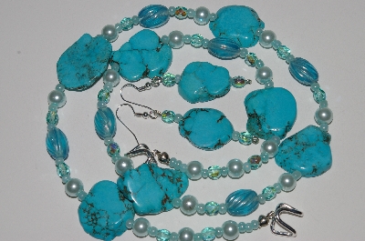 +MBA #B6-094  "Turquoise, Blue Glass Bead & Pearl Necklace & Matching Earring Set"