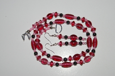 +MBA #B6-034  "Cranberry Glass Bead & Hemalyke Necklace & Matching Earring Set"