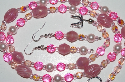 +MBA #B6-028  "Fancy Pink Glass Bead & Pearl Necklace & Matching Earring Set"