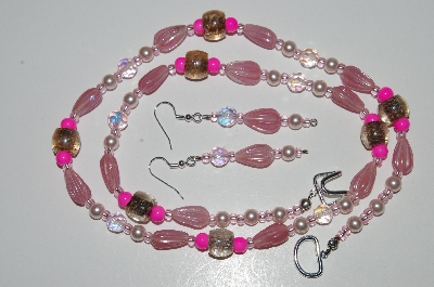 +MBA #B6-025  "Fancy Pink Glass, Pearl & Crystal Bead Necklace & Matching Earring Set"
