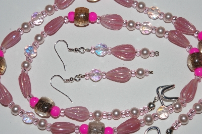 +MBA #B6-025  "Fancy Pink Glass, Pearl & Crystal Bead Necklace & Matching Earring Set"