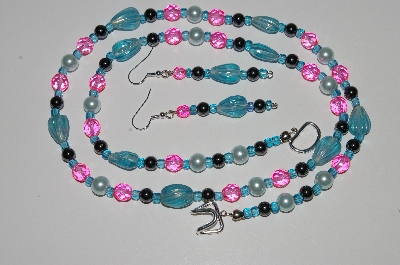 +MBA #B6-022  "Fancy Blue,Pink Glass, Pearl & Hemalyke Bead Necklace & Matching Earring Set"