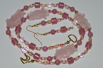 +MBA #B6-071  "Fancy Rose Quartz Owl, Pink Crystal, Glass Bead & Lepidolite Necklace & Matching Earring Set"