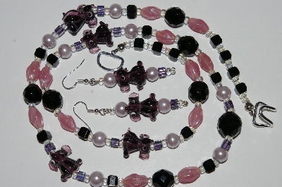 +MBA #B6-019  "Purple Elephant, Glass Bead, Pearl & Black Crystal Necklace & Matching Earring Set"
