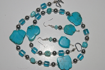 +MBA #B6-011  "Turquoise,Blue Glass, Grey Pearl & Clear Crystal Necklace & Matching Earring Set"