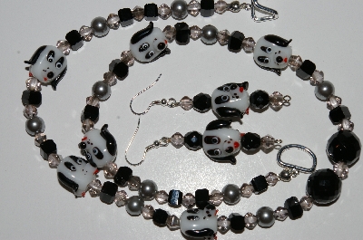 +MBA #B6-016  "Fancy Dog Bead, Grey Pearl & Black Crystal Bead Necklace & Matching Earring Set"