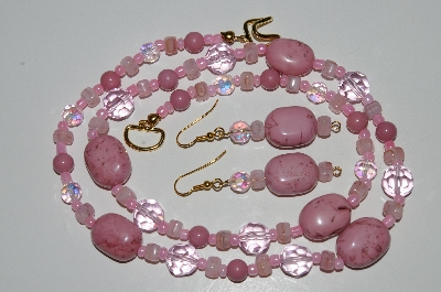 +MBA #B6-065  "Fancy Lepidolite, Pink Crystal & Glass Bead Necklace & Matching Earring Set"