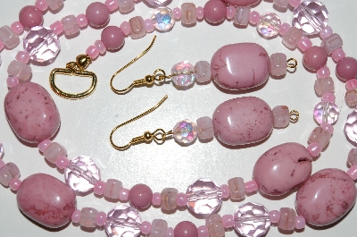 +MBA #B6-065  "Fancy Lepidolite, Pink Crystal & Glass Bead Necklace & Matching Earring Set"