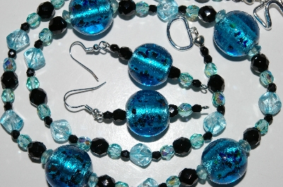 +MBA #B6-082  "Fancy Blue Glass Beads  & Black Crystal Necklace & Matching Earring Set"