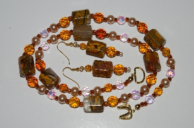 +MBA #B6-075  "Cherry Agate , Pink Crystal, Amber Crystal & Champagne Pearl Necklace & Matching Earring Set"