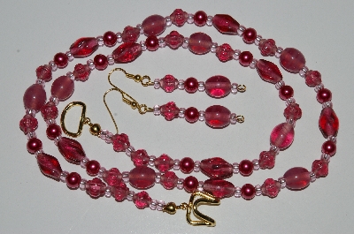 +MBA #B6-079  "Fancy Cranberry Glass & Pearl Necklace & Matching Earring Set"