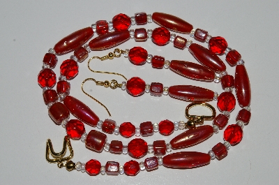 +MBA #B6-062  "Red Luster Glass Bead & Crystal Necklace & Matching Earring Set"