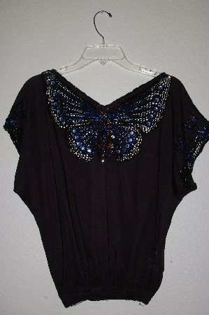 +MBAHB #19-007 "1980's Bali Emerald Black One Of A Kind Hand Beaded Butterfly Top"