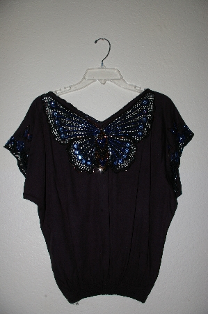 +MBAHB #19-007 "1980's Bali Emerald Black One Of A Kind Hand Beaded Butterfly Top"