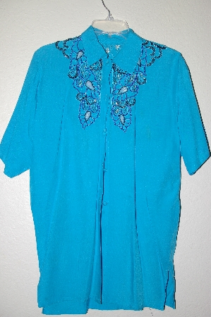 +MBAHB #19-064  "1980's Tropical Nights Blue Rayon Hand Beaded Long Shirt"