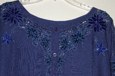 +MBAHB #19-199  "Jane Ashley 1990's Blue Rayon One Of A Kind Hand Beaded Top"