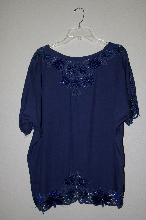 +MBAHB #19-199  "Jane Ashley 1990's Blue Rayon One Of A Kind Hand Beaded Top"