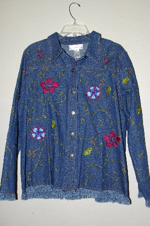+MBAHB #19-182  "Susan Graver Fringed Jean Jacket With Floral Embroidery"