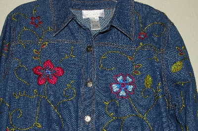 +MBAHB #19-182  "Susan Graver Fringed Jean Jacket With Floral Embroidery"