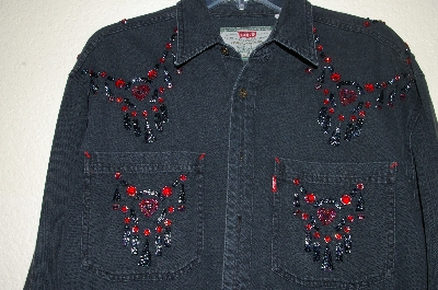 +MBAHB #19-159  "Levi's 1980's Black Denim One Of A Kind Hand Beaded Top"
