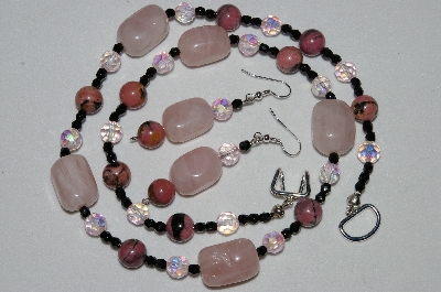 +MBAHB #19-268  "Rose Quartz,Rhodonlite,Pink Ab & Black Crystal Necklace & Earring Set"