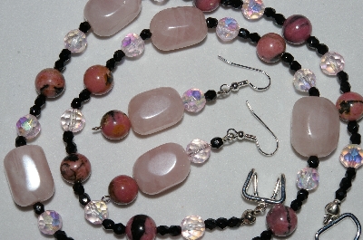 +MBAHB #19-268  "Rose Quartz,Rhodonlite,Pink Ab & Black Crystal Necklace & Earring Set"