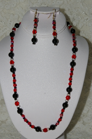 +MBAHB #19-263  "Black Onyx, Red & Ab Crystal & Red Fire Polished Bead Necklace & Matching Earring Set" 