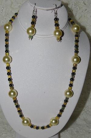 +MBAHB #19-355  "Large Yellow Glass Pearls, Square AB Yellow Glass Beads & Hemalyke Bead Necklace & Earring Set"