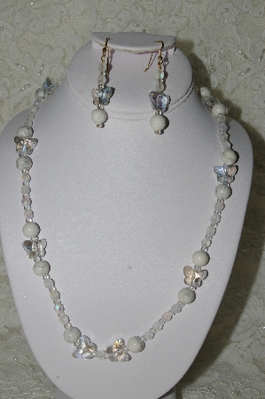 +MBAHB #19-282  "Howlite, AB Crystal Butterflys & Frosted Fire Polished Glass Bead Necklace & Earring Set"