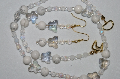 +MBAHB #19-282  "Howlite, AB Crystal Butterflys & Frosted Fire Polished Glass Bead Necklace & Earring Set"