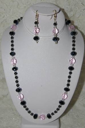 +MBAHB #19-257  "Hemalyke, Black Matalic Crystal, AB Clear Crystal & Pink Glass Bead Necklace & Earring Set"