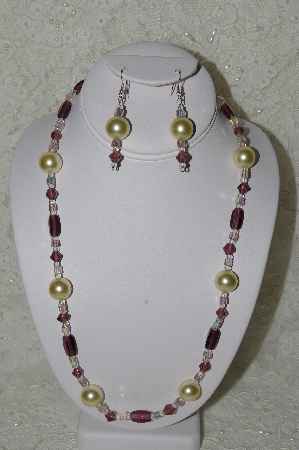 +MBAHB #19-350  "Large Yellow Glass Pearls, Purple Glass & Square AB Lavender Glass Bead Necklace & Earring Set"