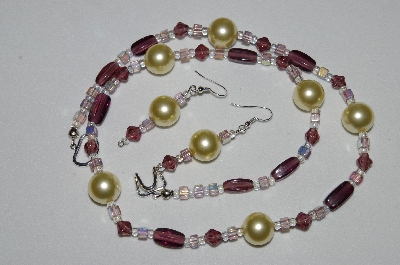 +MBAHB #19-350  "Large Yellow Glass Pearls, Purple Glass & Square AB Lavender Glass Bead Necklace & Earring Set"
