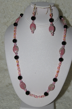 +MBAHB #19-278  "Pink Gemstone, Black Onyx, Pink AB Fire Polished Glass Bead Necklace & Earring Set"