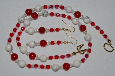 +MBAHB #19-250 "Howlite, Red Jade, Clear AB Crystal & Red Fire Polished Glass Bead Necklace & Earring Set"