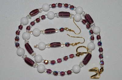 +MBAHB #19-426  "White Jade,Purple Glass, Clear AB Crystal & Purple Fire Polished Glass Bead Necklace & Earring Set"