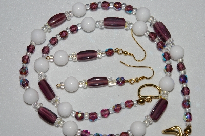 +MBAHB #19-426  "White Jade,Purple Glass, Clear AB Crystal & Purple Fire Polished Glass Bead Necklace & Earring Set"