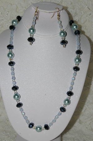 +MBAHB #19-229  "Large Blue Glass Pearls, Fancy Matalic Black Crystals, Clear AB Crystal & Frosted Blue Fire Polished Glass Bead Necklace & Earring Set"
