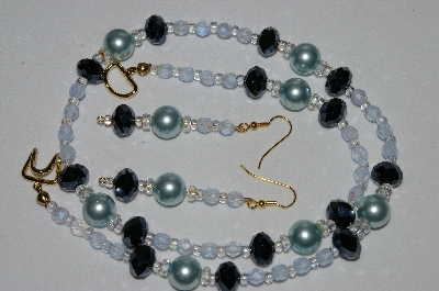 +MBAHB #19-229  "Large Blue Glass Pearls, Fancy Matalic Black Crystals, Clear AB Crystal & Frosted Blue Fire Polished Glass Bead Necklace & Earring Set"