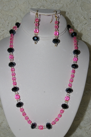 +MBAHB #19-431  "Fancy Cut Black Matalic Crystals, Clear AB Crystals & Bright Pink Fire Polished Glass Bead Necklace & Earring Set"