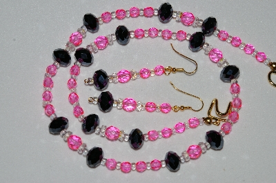 +MBAHB #19-431  "Fancy Cut Black Matalic Crystals, Clear AB Crystals & Bright Pink Fire Polished Glass Bead Necklace & Earring Set"
