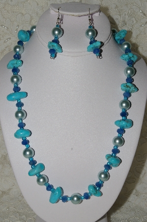 +MBAHB #19-373  "Turquoise,Blue Gemstone & Blue Glass Pearl Necklace & Earring Set"