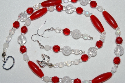 +MBAHB #19-317  "Cracked Rock Crystal,Red Crystal & Frosted Clear Fire Polished Glass Bead Necklace & Earring Set"